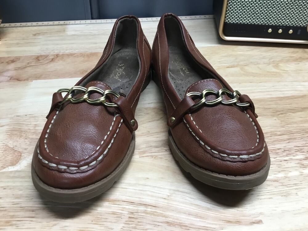 Natural Soul Loafers Women's Brown Faux Leather Gold Chain Wedge Comfort Shoes